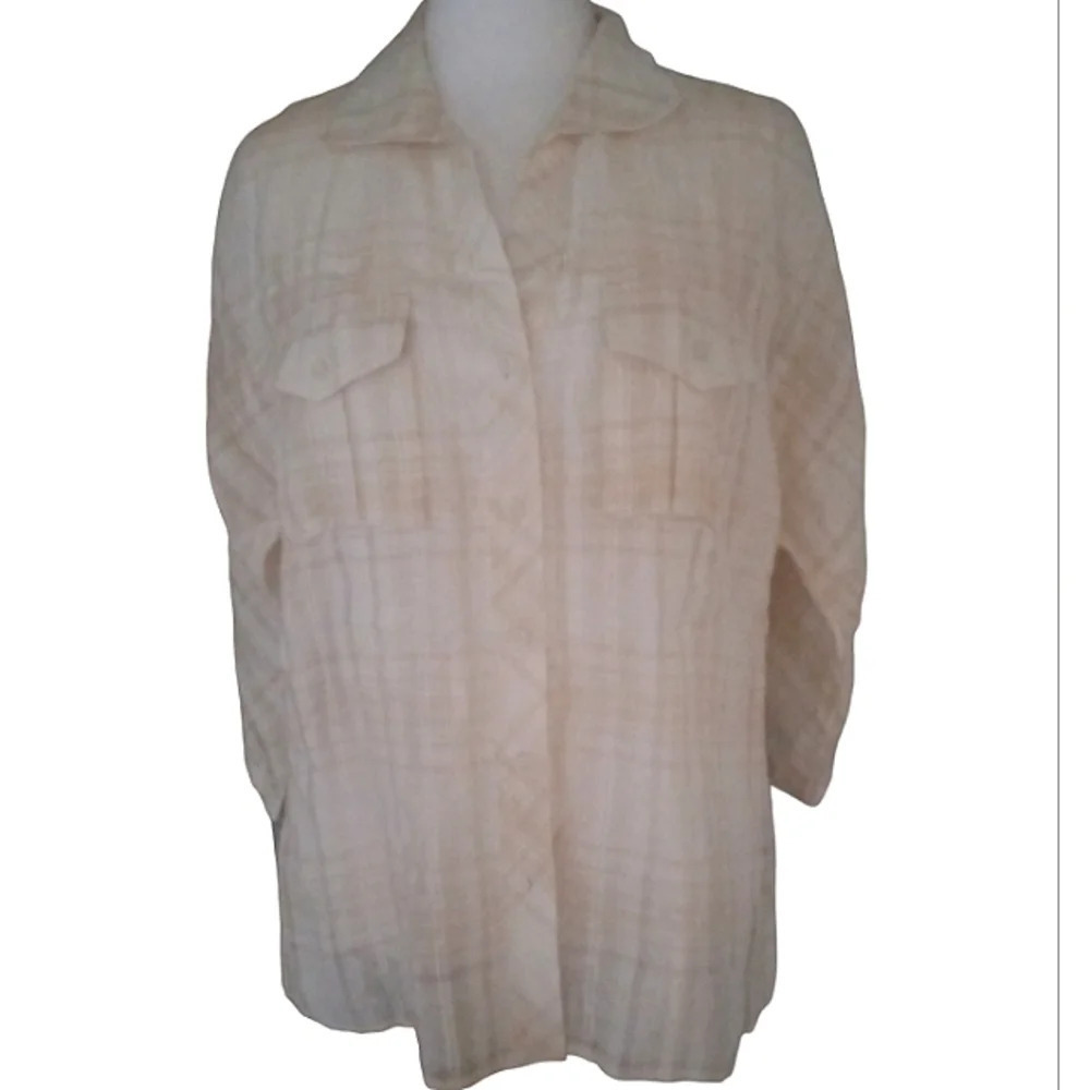 Lafayette 148 Muted Plaid Button Front Linen Blend Camp Style Shirt Size 10 - Picture 2 of 7